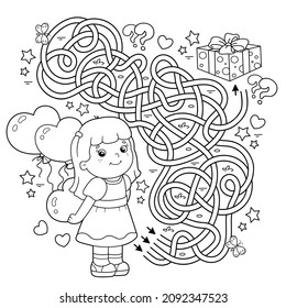 Maze or Labyrinth Game. Puzzle. Tangled road. Coloring Page Outline Of cartoon girl with heart and balloons. Valentine's day. Coloring book for kids.