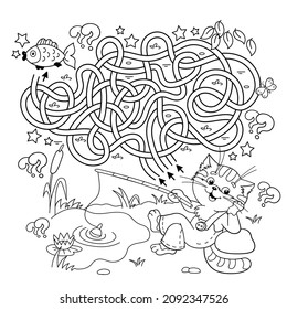 Maze or Labyrinth Game. Puzzle. Tangled road. Coloring Page Outline Of cartoon cat with fishing rod. Fun fisher. Coloring book for kids.