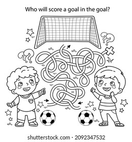 Maze or Labyrinth Game. Puzzle. Tangled road. Coloring Page Outline Of cartoon boys with soccer ball. Who will score the goal? Football. Sport activity. Coloring book for kids.