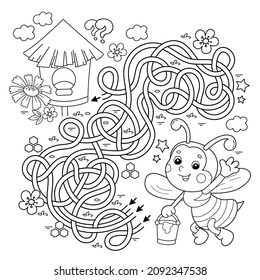 Maze or Labyrinth Game. Puzzle. Tangled road. Coloring Page Outline Of cartoon little bee with bucket of honey. Coloring book for kids.