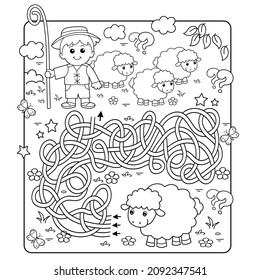 Maze or Labyrinth Game. Puzzle. Tangled road. Coloring Page Outline Of cartoon shepherd with flock of sheep. Farm animals. Coloring book for kids.