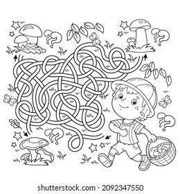 Maze or Labyrinth Game. Puzzle. Tangled road. Coloring Page Outline Of cartoon fun boy with basket. Little mushroom picker. Coloring book for kids.