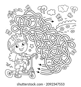 Maze or Labyrinth Game. Puzzle. Tangled road. Coloring Page Outline Of cartoon girl with scooter. Sport activity. Coloring book for kids.