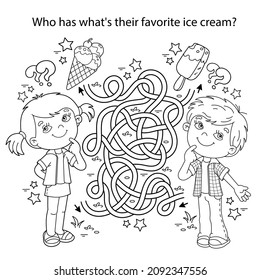 Maze or Labyrinth Game. Puzzle. Tangled road. Coloring Page Outline Of cartoon children with sweets.  Where is whose ice cream? Coloring book for kids.