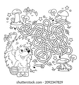 Maze or Labyrinth Game. Puzzle. Tangled road. Coloring Page Outline Of cartoon little hedgehog with basket of mushrooms. Coloring book for kids.