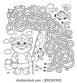 Maze or Labyrinth Game. Puzzle. Tangled road. Coloring Page Outline Of cartoon cat with fishing rod. Fun fisher. Coloring book for kids.