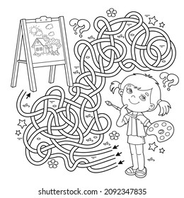 Maze or Labyrinth Game. Puzzle. Tangled road. Coloring Page Outline Of cartoon girl with brush and paints. Little artist with easel. Coloring book for kids.