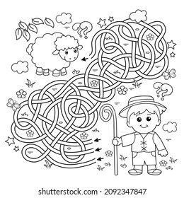 Maze or Labyrinth Game. Puzzle. Tangled road. Coloring Page Outline Of cartoon shepherd with sheep. Farm animals. Coloring book for kids.