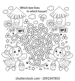 Maze or Labyrinth Game. Puzzle. Tangled road. Coloring Page Outline Of cartoon little bees with bucket of honey. Coloring book for kids.