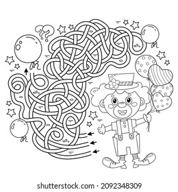 Maze or Labyrinth Game. Puzzle. Tangled road. Coloring Page Outline Of cartoon circus clown with colorful balloons. Coloring book for kids.