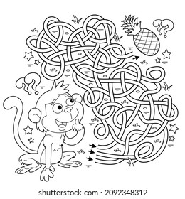Juego de laberinto o laberinto. Rompecabezas. Camino enmarañado. Esbozo de la página de color del pequeño mono de dibujos animados con piñas. Libro de colorear para niños.