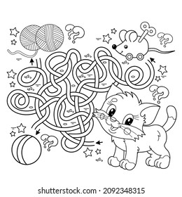 Juego de laberinto o laberinto. Rompecabezas. Camino enmarañado. Esbozo de la página de color del pequeño gato de dibujos animados con juguetes. Libro de colorear para niños.