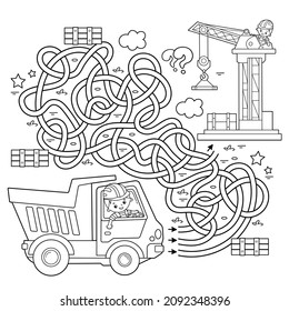 Maze or Labyrinth Game. Puzzle. Tangled road. Coloring Page Outline Of cartoon lorry or dump truck. Elevating crane on build. Construction vehicles. Coloring book for kids.