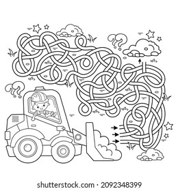 Maze or Labyrinth Game. Puzzle. Tangled road. Coloring Page Outline Of cartoon bulldozer. Construction vehicles. Profession. Coloring book for kids.