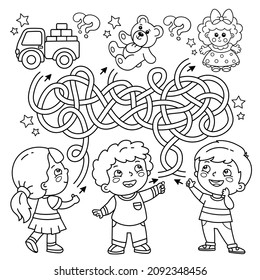 Maze or Labyrinth Game. Puzzle. Tangled road. Coloring Page Outline Of cartoon children with toys. Coloring book for kids.