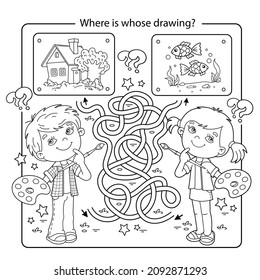 Maze or Labyrinth Game. Puzzle. Tangled road. Coloring Page Outline Of cartoon girl and boy with brush and paints. Where is whose drawing? Coloring book for kids.