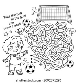 Maze or Labyrinth Game. Puzzle. Tangled road. Coloring Page Outline Of cartoon boy with soccer ball. Football. Sport activity. Coloring book for kids.