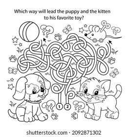 Maze or Labyrinth Game. Puzzle. Tangled road. Coloring Page Outline Of cartoon little cat and dog with toys. Pets. Coloring book for kids.