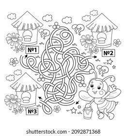 Maze or Labyrinth Game. Puzzle. Tangled road. Coloring Page Outline Of cartoon little bee with bucket of honey. Coloring book for kids.