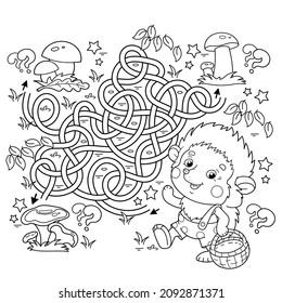 Maze or Labyrinth Game. Puzzle. Tangled road. Coloring Page Outline Of cartoon little hedgehog with basket of mushrooms. Coloring book for kids.