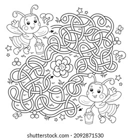 Maze or Labyrinth Game. Puzzle. Tangled road. Coloring Page Outline Of cartoon little bees with bucket of honey. Coloring book for kids.