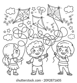 Maze or Labyrinth Game. Puzzle. Tangled road. Coloring Page Outline Of cartoon children with toys. Where is whose kite? Coloring book for kids.