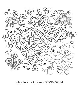 Maze or Labyrinth Game. Puzzle. Tangled road. Coloring Page Outline Of cartoon little bee with bucket of honey. Coloring book for kids.