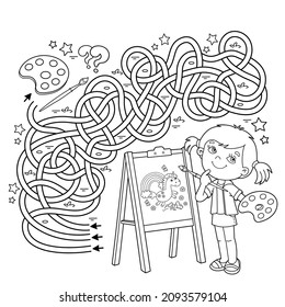 Maze or Labyrinth Game. Puzzle. Tangled road. Coloring Page Outline Of cartoon girl with brush and paints. Little artist with easel. Coloring book for kids.