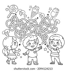 Maze or Labyrinth Game. Puzzle. Tangled road. Coloring Page Outline Of cartoon children with sweets. Coloring book for kids.