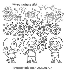 Juego de laberinto o laberinto. Rompecabezas. Camino enmarañado. Esbozo de la página de Coloración de niños de dibujos animados con regalos y juguetes. Libro de colorear para niños.
