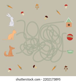Maze or Labyrinth Game. Puzzle. Tangled road. Hare, cat and dog are looking for a way home