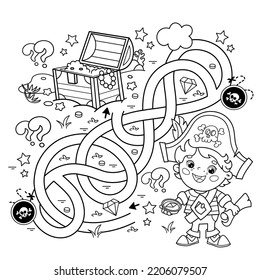 Juego de laberinto o laberinto. Rompecabezas. Camino enmarañado. Esbozo de la página de color del pequeño pirata de dibujos animados con el cofre del tesoro. Libro de colorear para niños.