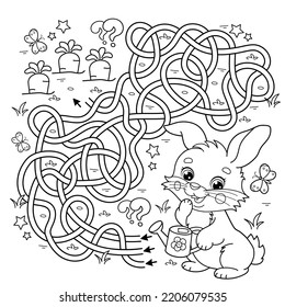 Maze or Labyrinth Game. Puzzle. Tangled road. Coloring Page Outline Of cartoon cute bunny or rabbit with a watering can and with carrot and cabbage. Coloring Book for kids.