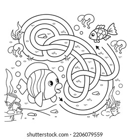 Maze or Labyrinth Game. Puzzle. Tangled road. Coloring Page Outline Of cartoon fishes. Underwater world. Coloring Book for kids.