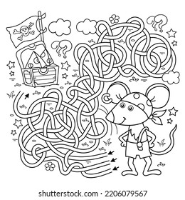 Maze or Labyrinth Game. Puzzle. Tangled road. Coloring Page Outline Of Cartoon little pirate mouse with chest of treasure. Cheese trove. Coloring Book for kids.