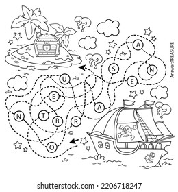 Maze or Labyrinth Game. Puzzle. Tangled road. Coloring Page Outline Of cartoon pirate ship with treasure island. Coloring book for kids.