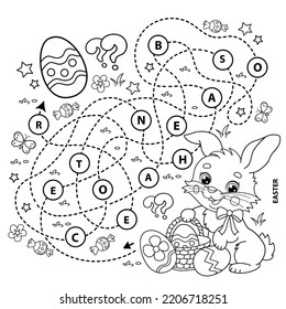 Maze or Labyrinth Game. Puzzle. Tangled road.Coloring Page Outline Of cartoon cute Easter bunny with eggs and sweets. Coloring Book for kids.