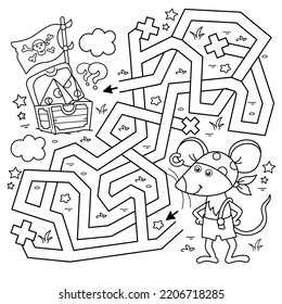 Maze or Labyrinth Game. Puzzle. Tangled road. Coloring Page Outline Of Cartoon little pirate mouse with chest of treasure. Cheese trove. Coloring Book for kids.