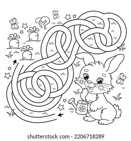 Maze or Labyrinth Game. Puzzle. Tangled road. Coloring Page Outline Of cartoon cute bunny or rabbit with a watering can and with carrot and cabbage. Coloring Book for kids.