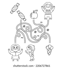 Maze or Labyrinth Game. Puzzle. Tangled road. Coloring Page Outline with cartoon children with sweets and fruit. Coloring book for kids.