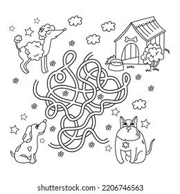 Maze or Labyrinth Game. Puzzle. Tangled road. Coloring Page Outline Of cartoon dogs with doghouse.. Coloring book for kids.