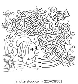 Maze or Labyrinth Game. Puzzle. Tangled road. Coloring Page Outline Of cartoon fishes. Underwater world. Coloring Book for kids.