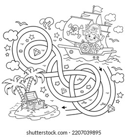 Maze or Labyrinth Game. Puzzle. Tangled road. Coloring Page Outline Of Cartoon pirate on pirate ship or sailboat with black sails. Island of treasure. Coloring Book for kids.