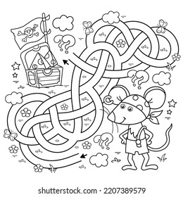 Maze or Labyrinth Game. Puzzle. Tangled road. Coloring Page Outline Of Cartoon little pirate mouse with chest of treasure. Cheese trove. Coloring Book for kids.