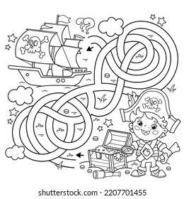 Maze or Labyrinth Game. Puzzle. Tangled road. Coloring Page Outline Of Cartoon pirate with chest of treasure. Pirate ship. Coloring Book for kids.