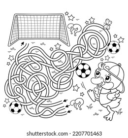 Juego de laberinto o laberinto. Rompecabezas. Camino enmarañado. Esbozo de página de color del pato de dibujos animados o el pato con la pelota de fútbol. Fútbol. Deporte. Libro de colorear para niños.