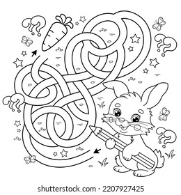 Maze or Labyrinth Game. Puzzle. Tangled road. Coloring Page Outline Of cartoon cute bunny or rabbit with carrot and cabbage. Coloring Book for kids.