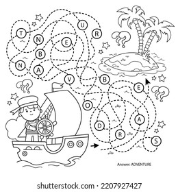 Maze or Labyrinth Game. Puzzle. Tangled road. Coloring Page Outline Of cartoon sail ship with sailor. Sea travelling. Coloring book for kids. 