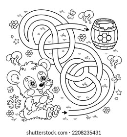 Maze or Labyrinth Game. Puzzle. Tangled road. Coloring Page Outline Of cartoon little bear cub with barrel of honey. Coloring book for kids.