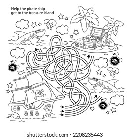 Juego de laberinto o laberinto. Rompecabezas. Camino enmarañado. Esbozo de la página de Colores del barco pirata de dibujos animados con isla del tesoro. Libro de colorear para niños.
